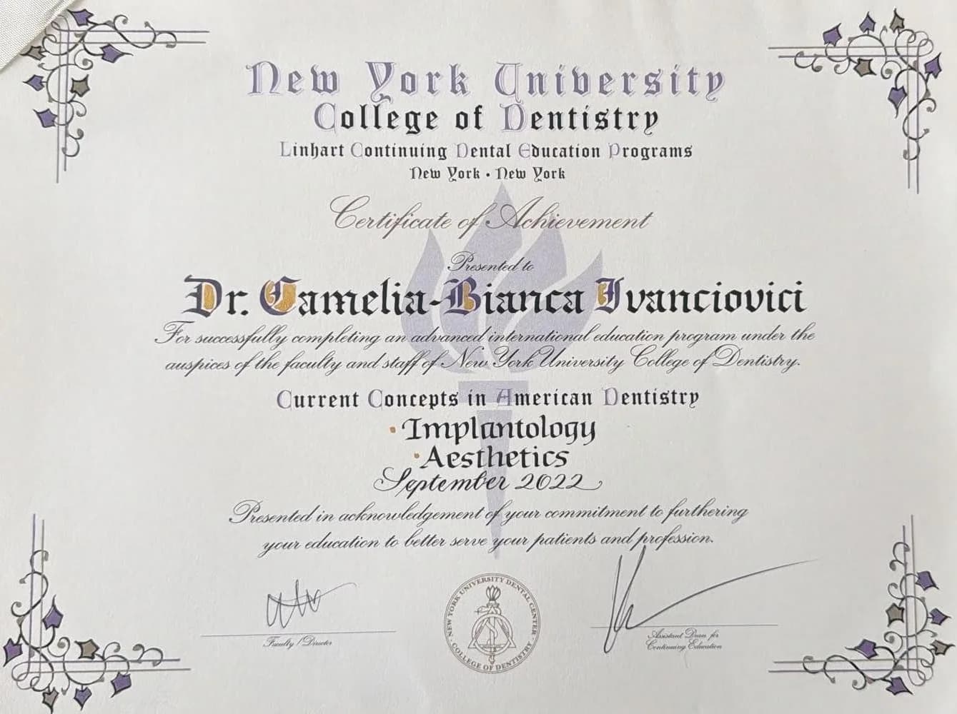 Certificate of Achievement – Implantology & Aesthetics